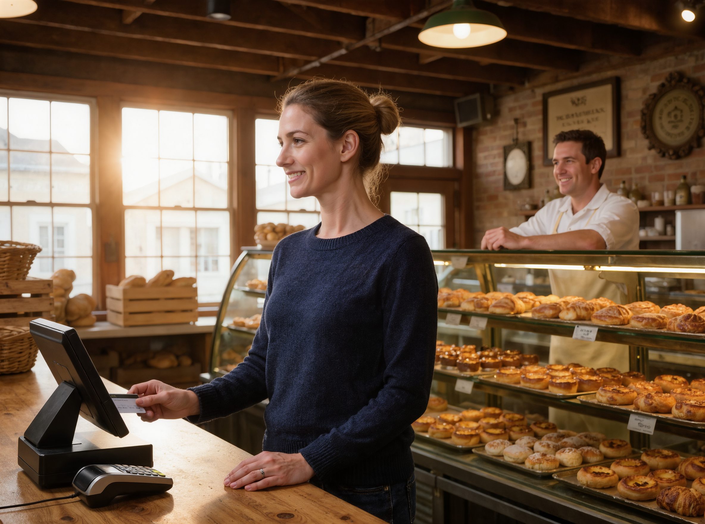 A customer paying at a neighborhood bakery counter